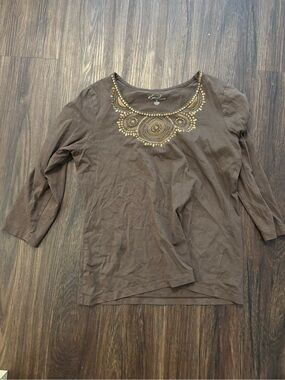 KEREN hart Brown Long Sleeve Scoop Neck Top with Gold Embellished Neckline